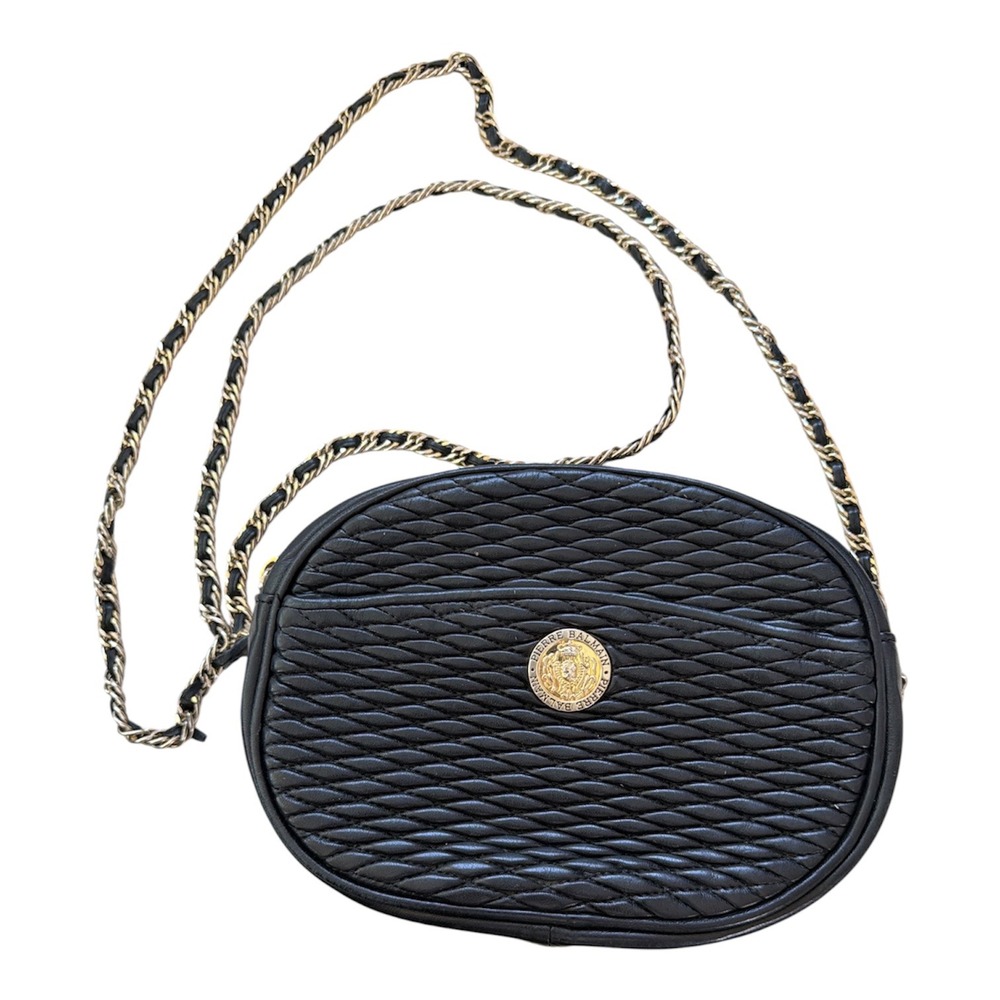 Pierre Balmain Vintage Black Quilted Leather Crossbody Bag Gold Chain Medallion